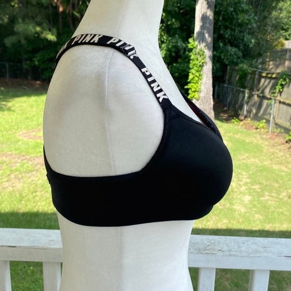 VS PINK ULTIMATE Push Up Sports Bra Sz Medium A-C Cup Black w Logos Racerback - Picture 8 of 12
